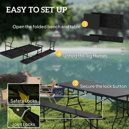 6FT 3PCS Faux Rattan Outdoor Table Bench Set, Folding Picnic Table with 2 Benches, Black Picnic Tables & Camping Chairs at Gallery Canada
