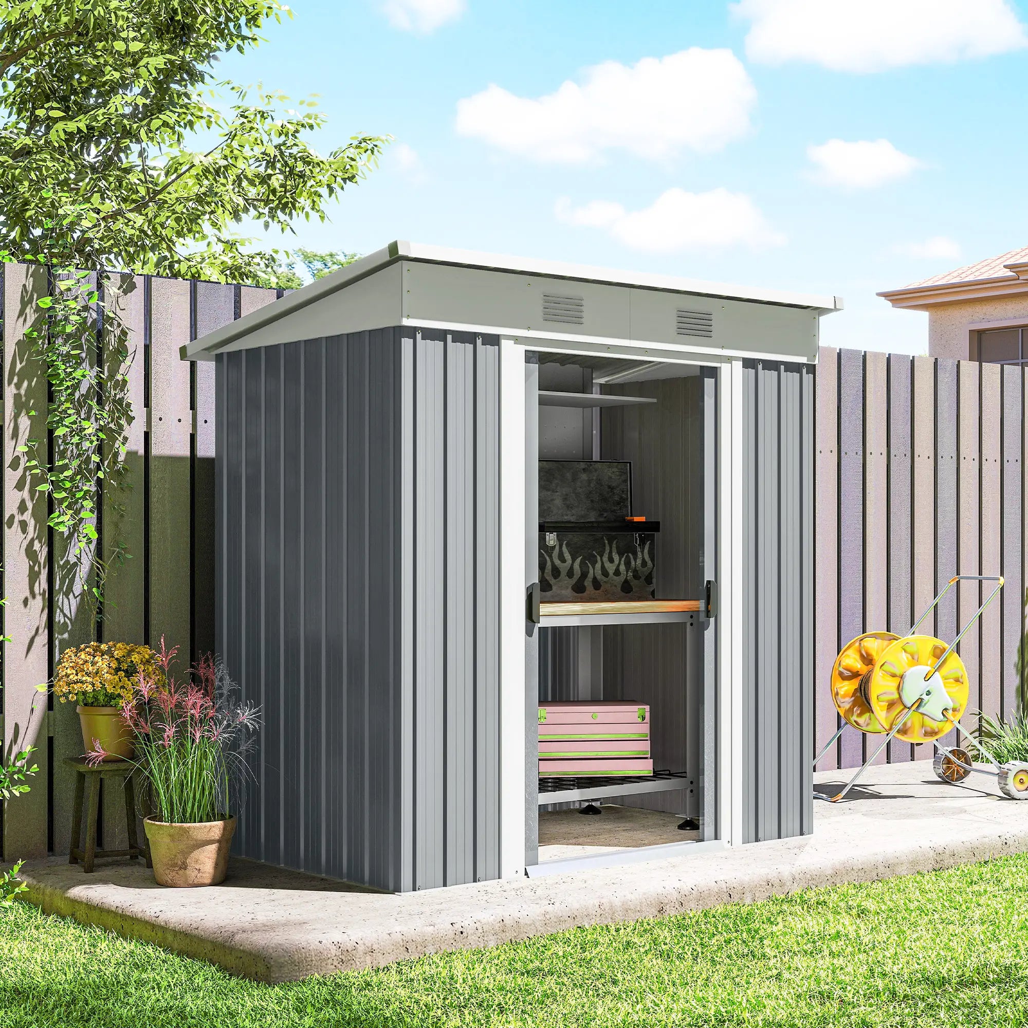 6' x 4' Metal Garden Shed, Lockable Sliding Doors, Vents, Grey Sheds at Gallery Canada