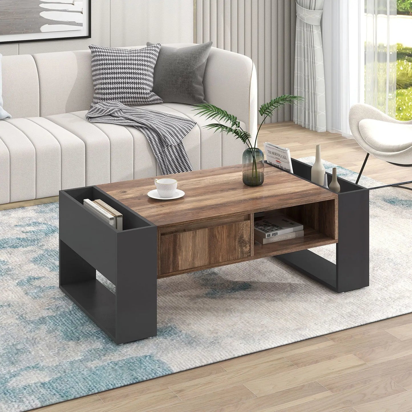 Grain Coffee Table, Double Storage, 43.5" L x 23.5" W x 15.5" H, Grey+Wood Coffee Tables at Gallery Canada