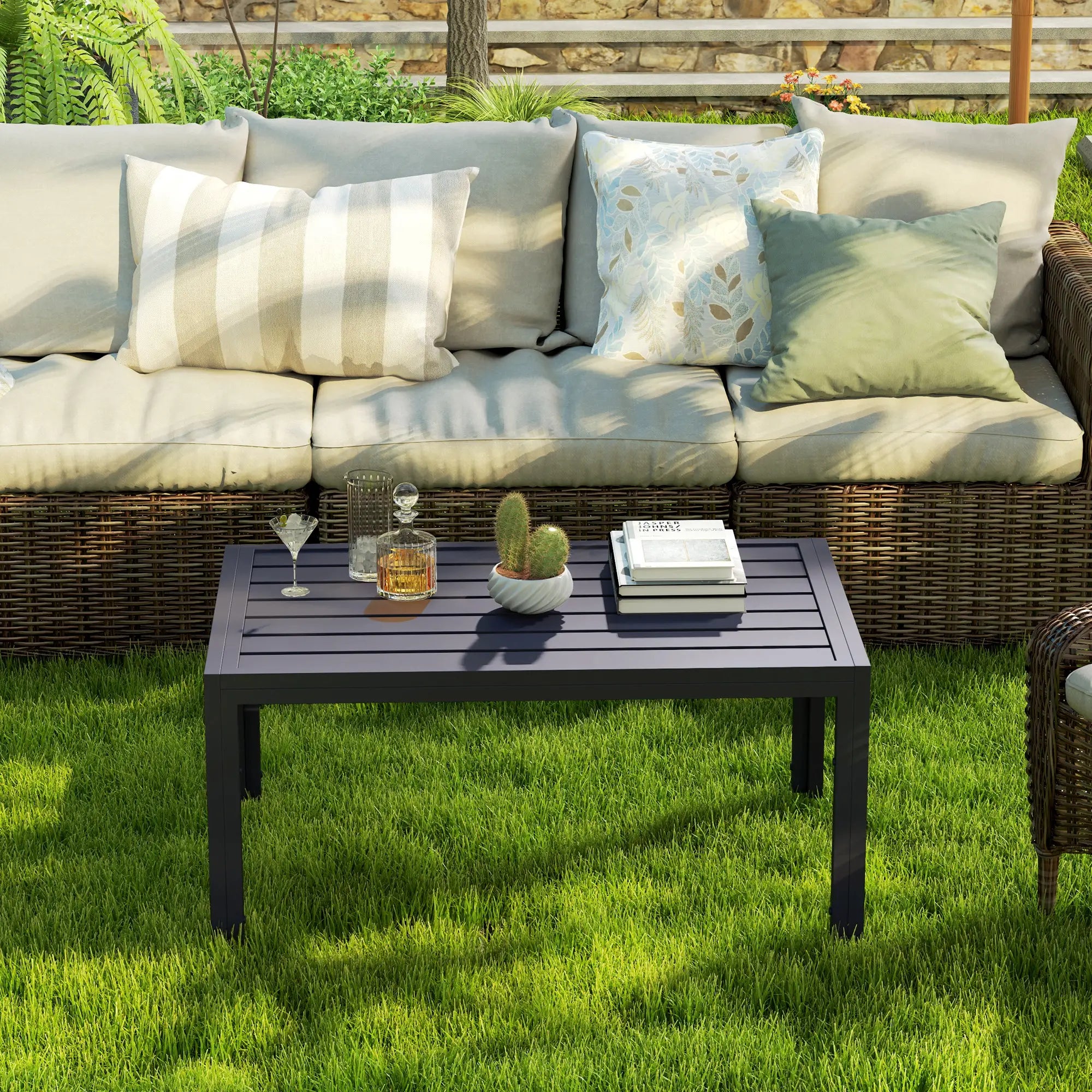 Outdoor Coffee Table, Rectangular, Steel Frame, Slat Tabletop, Grey Patio Side Tables at Gallery Canada