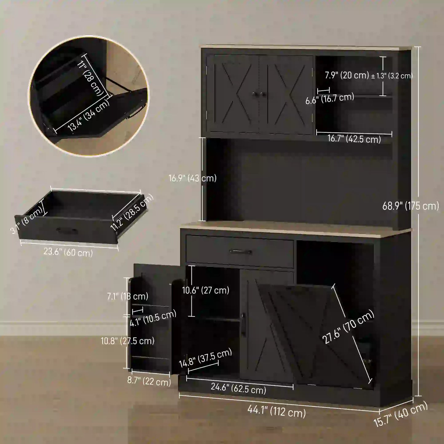 69 Inch Pantry Cabinet with Charging Station, Microwave Stand, Tilt-Out Trash Can, Black Kitchen Pantry Cabinets at Gallery Canada