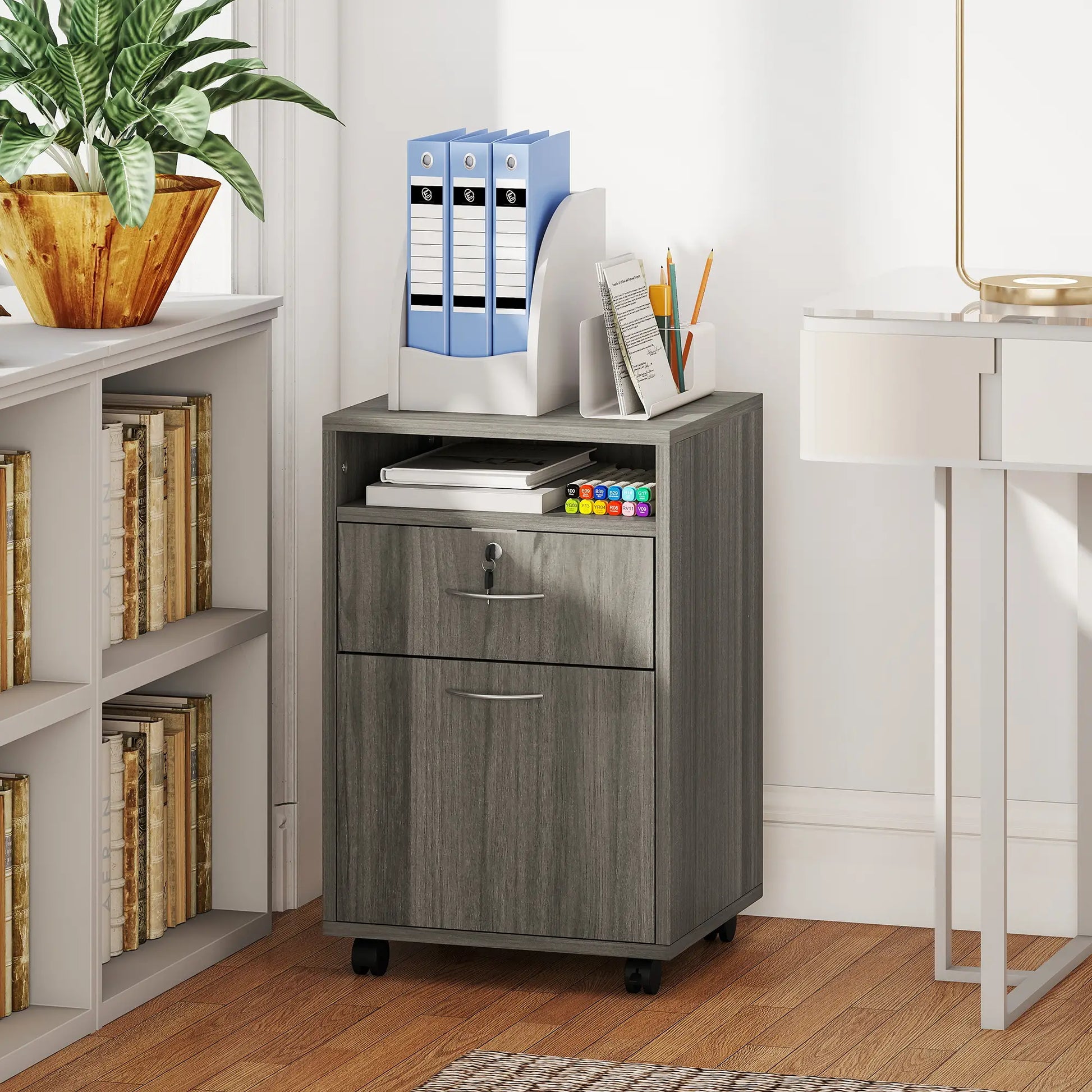 24" Filing Cabinet, Lockable Drawer, Wheels, Distressed Grey Office Cabinets & Cupboards at Gallery Canada