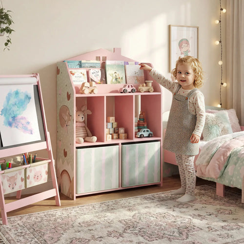 Kids Bookshelf With Storage, Toy Storage Unit, Pink
