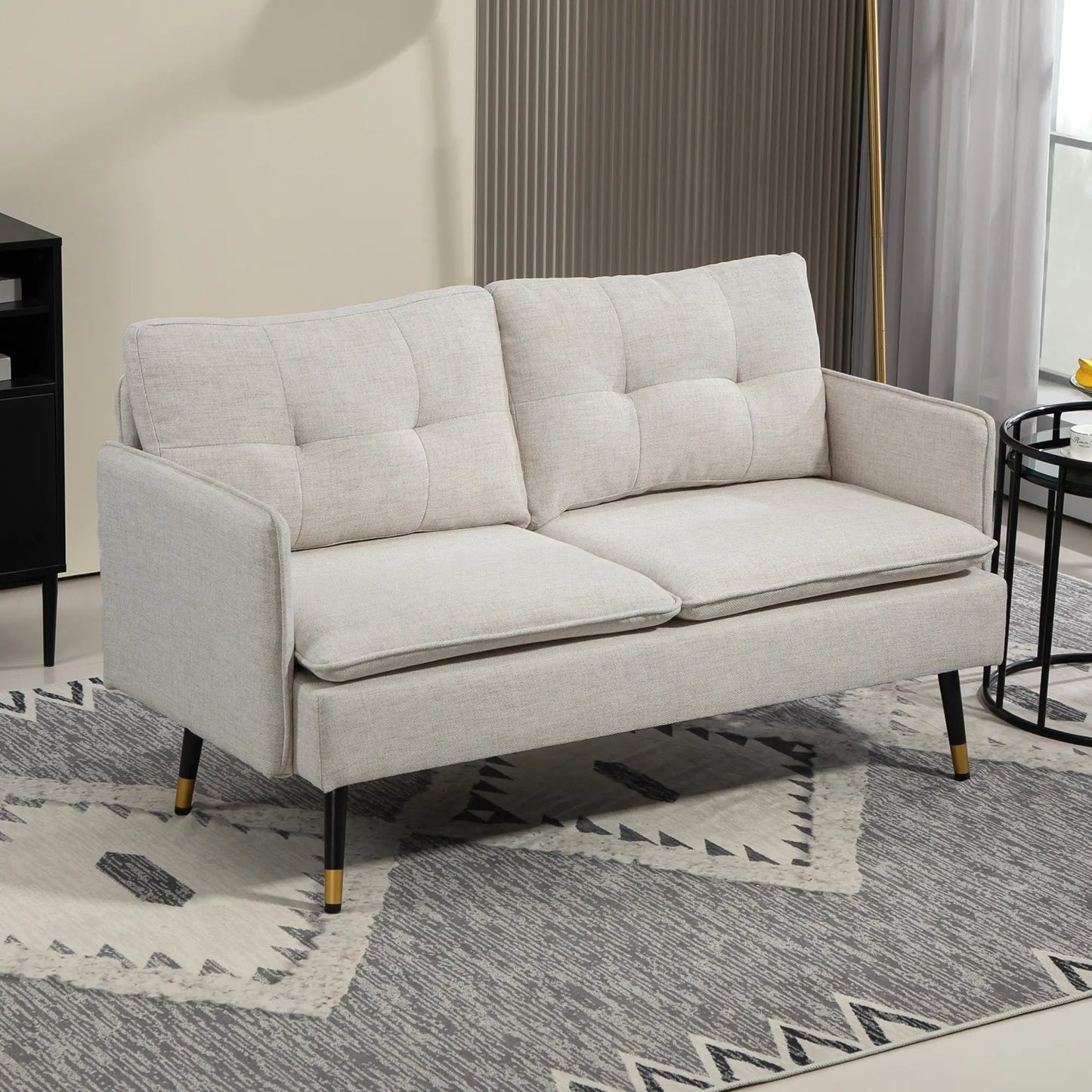 55" Loveseat, Fabric Sofa, Button Tufted Back, Steel Legs, Cream White 2-Seater Sofas at Gallery Canada