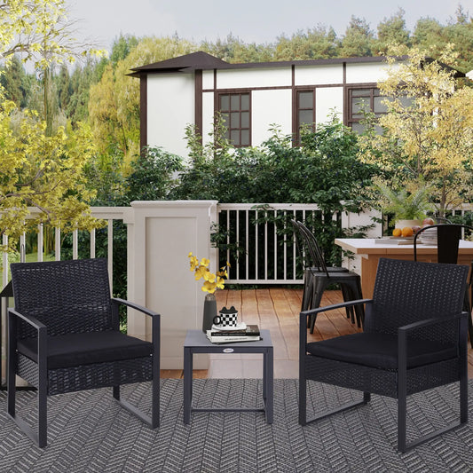 3-Piece Wicker Patio Set, Rattan Bistro with Glass Table, Black Bistro Sets Black at Gallery Canada