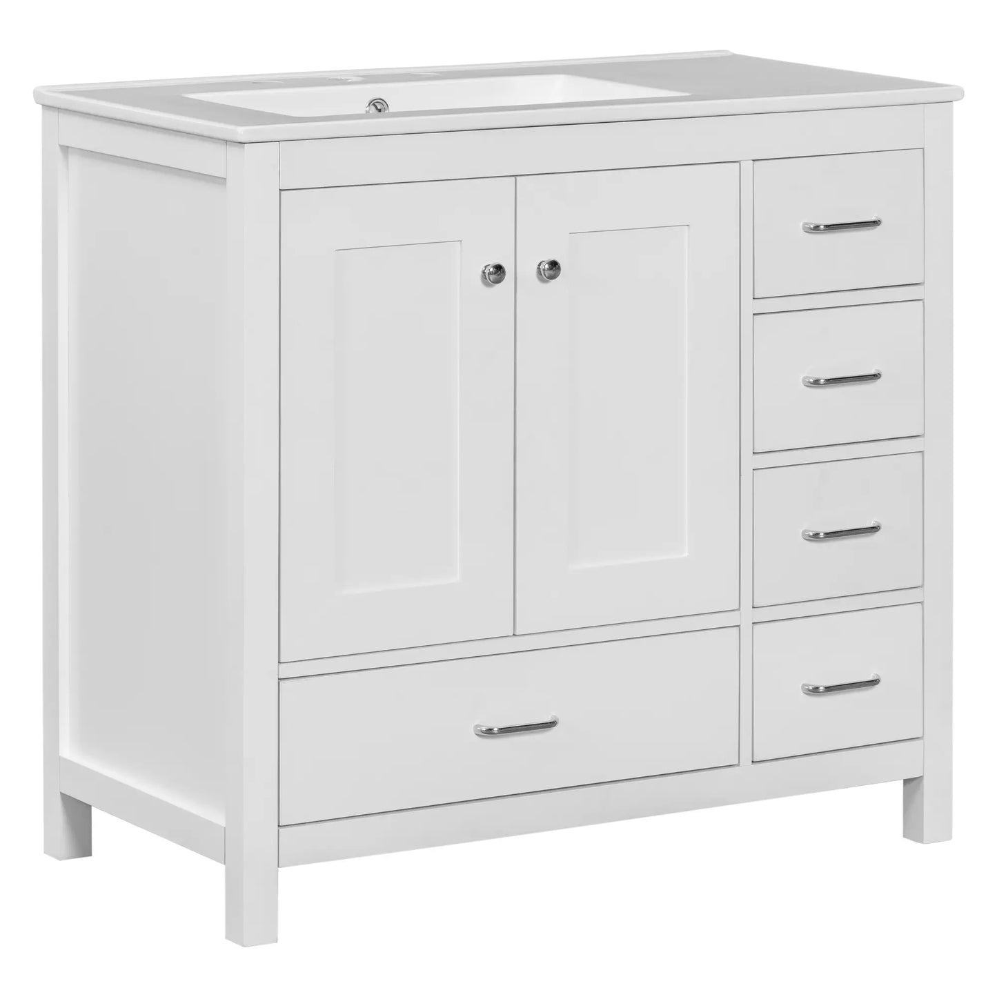 Bathroom Vanity, Ceramic Sink, 2 Soft Close Doors, 5 Drawers, 36" L x 18" W x 34" H, White Sink Cabinets White at Gallery Canada