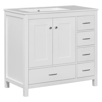 Bathroom Vanity, Ceramic Sink, 2 Soft Close Doors, 5 Drawers, 36" L x 18" W x 34" H, White Sink Cabinets White at Gallery Canada
