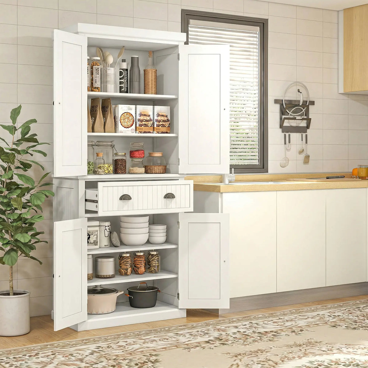 72" Kitchen Pantry, Storage Cabinet with Drawer, Doors, Cream White