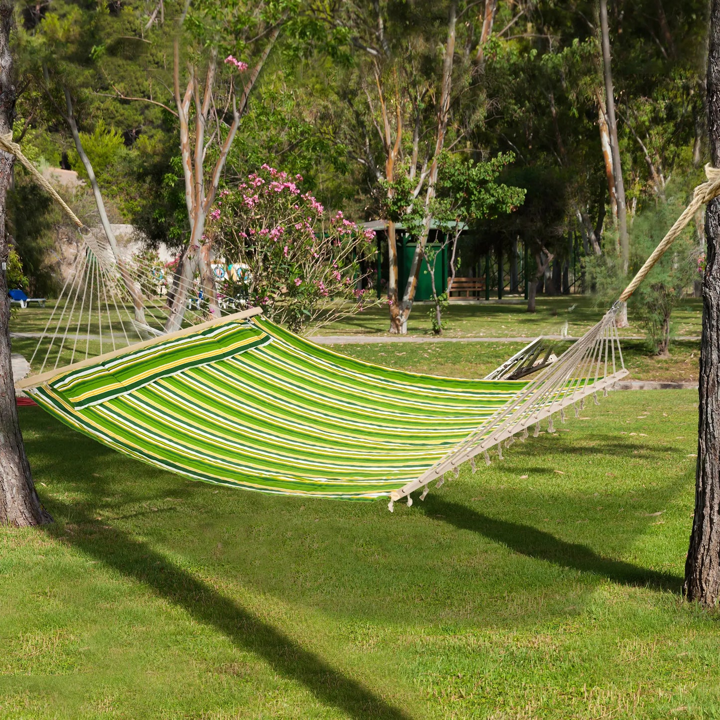 75" Outdoor Hammock, Striped Camping Bed w/ Pillow, Green Camping Hammocks at Gallery Canada
