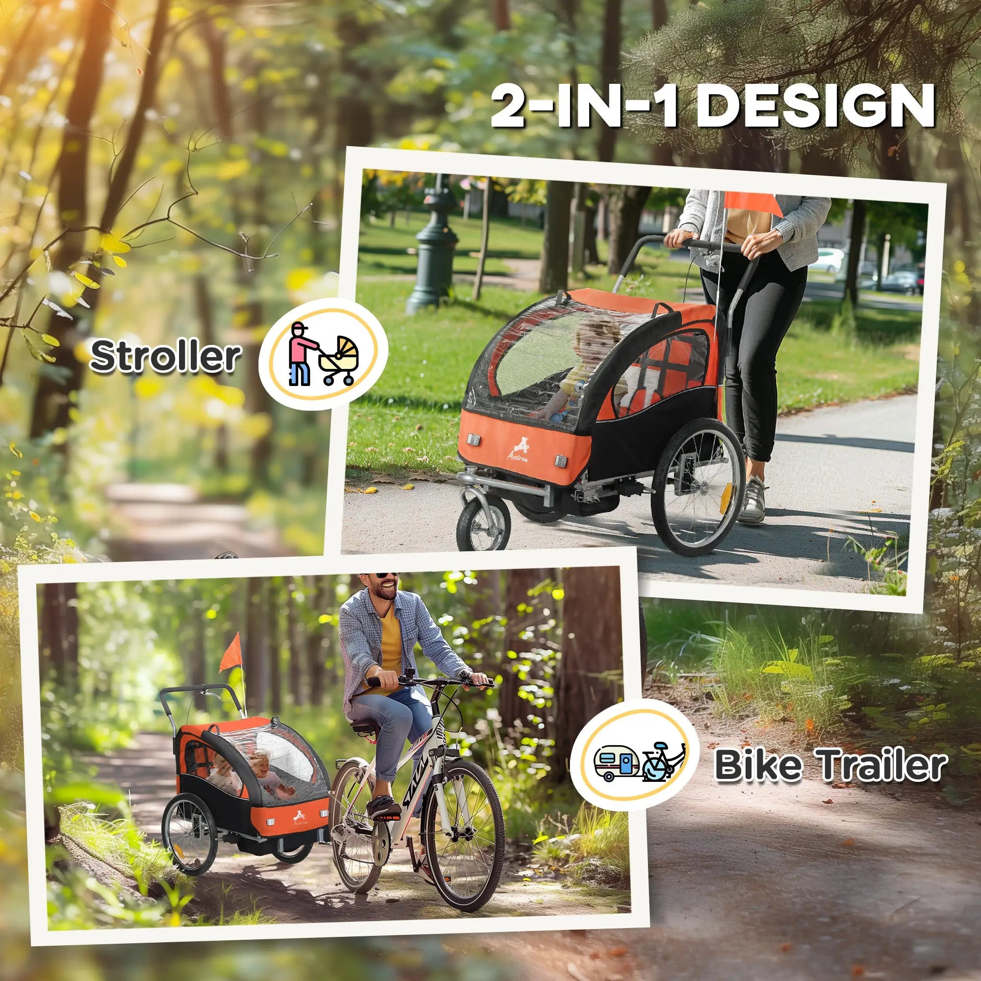 2-in-1 Bike Trailer for Kids, Foldable 2-Seat Baby Stroller with 5-Point Harness, Rubber Wheels, Storage Bag, Orange Kids Bike Trailers at Gallery Canada