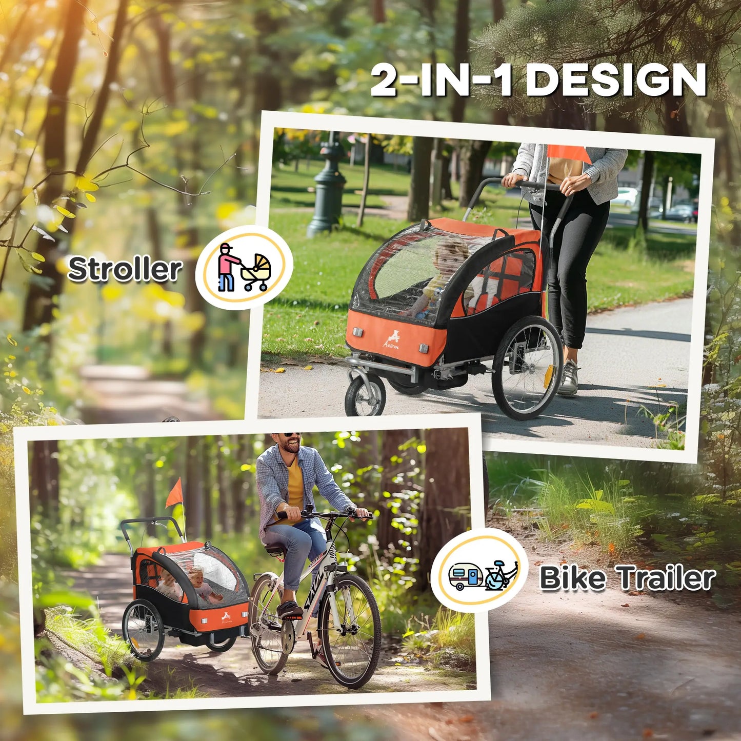 2-in-1 Bike Trailer for Kids, Foldable 2-Seat Baby Stroller with 5-Point Harness, Rubber Wheels, Storage Bag, Orange Kids Bike Trailers at Gallery Canada