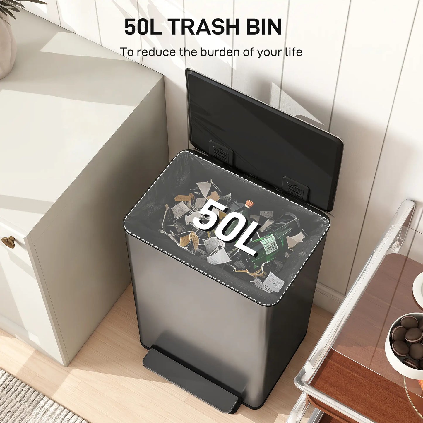 Trash Can with Soft-Close Lid, Garbage Can with Removable Inner Bucket for Kitchen 13.2gal, Silver Household Supplies at Gallery Canada