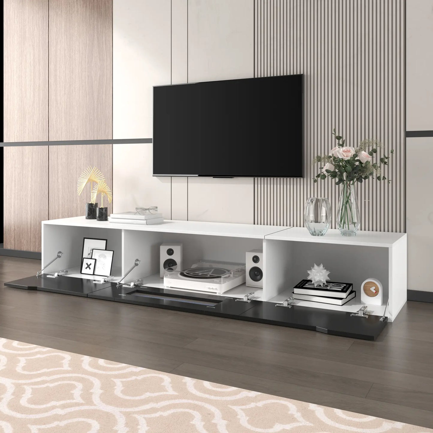 TV Stand With LED Lighting, 71" L x 12" W x 12" H, Black+White TV Stands at Gallery Canada
