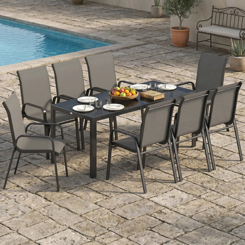 9-Piece Patio Dining Set, Glass Top Table, Stackable Chairs, Dark Grey