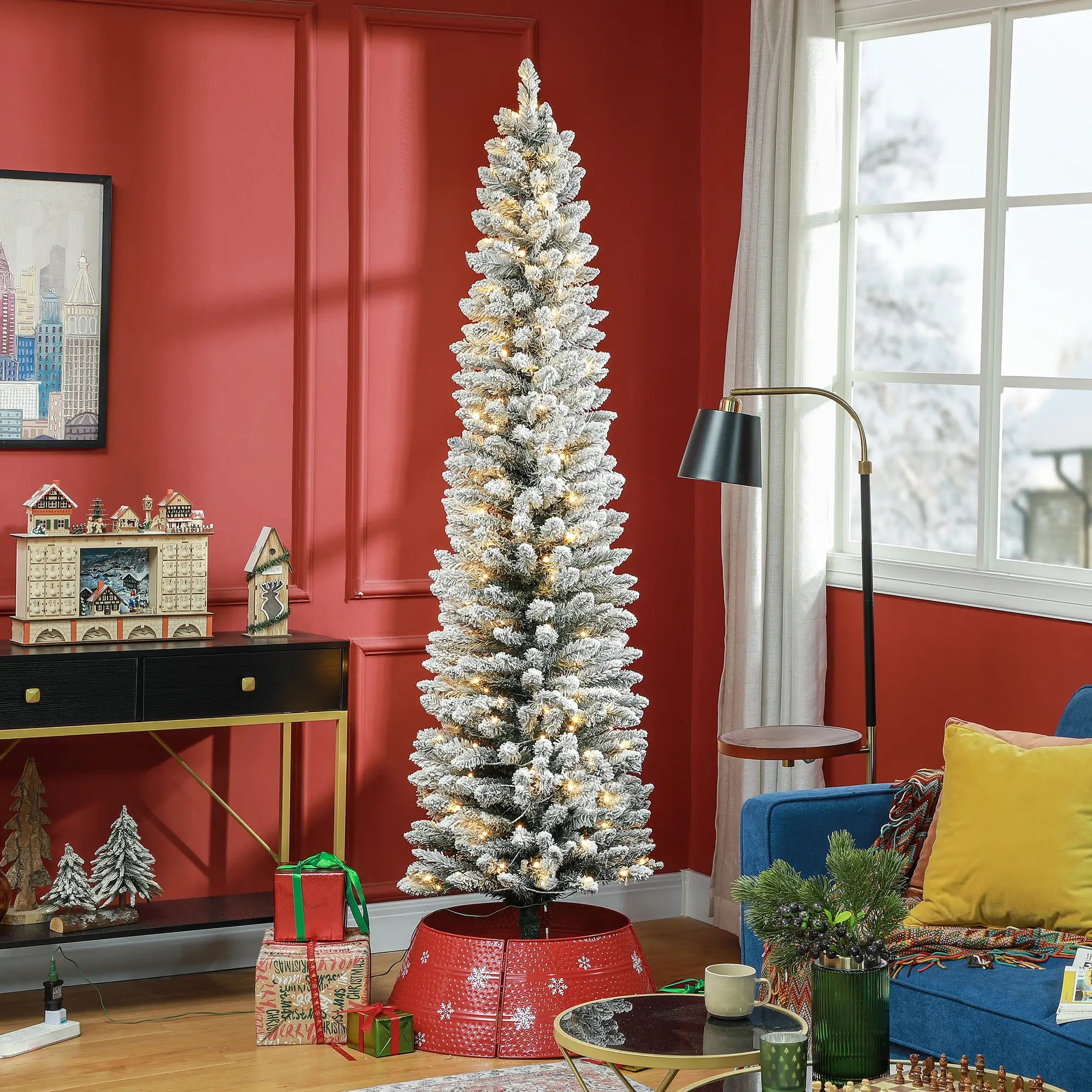 7ft Prelit Snow Flocked Christmas Tree, Metal Base, Warm White LED Pre Lit Christmas Trees at Gallery Canada