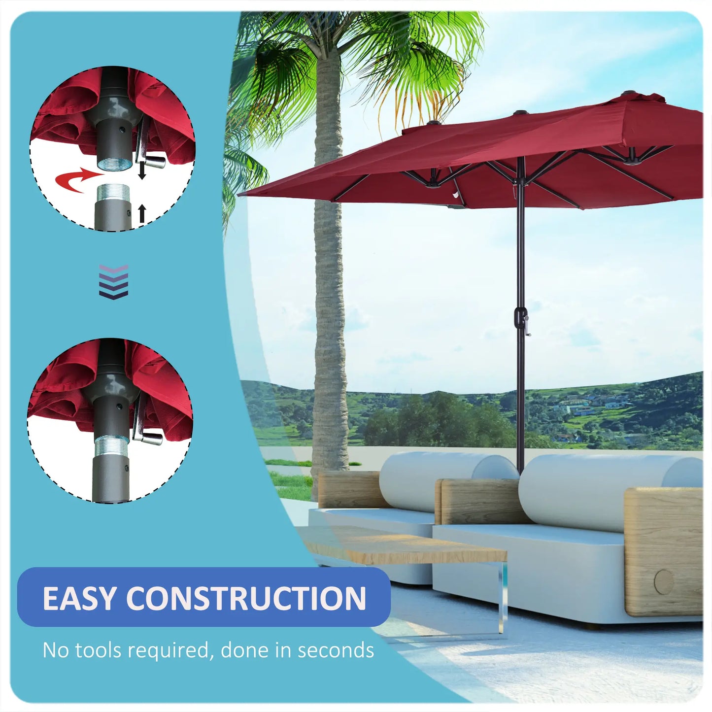 15ft Double-Sided Patio Umbrella, Twin Canopy, Wine Red, Red Sun Umbrellas at Gallery Canada
