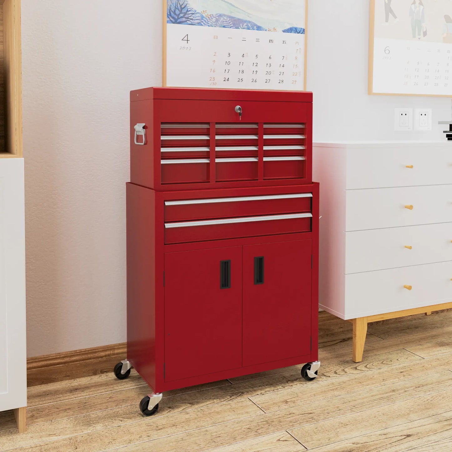 6-Drawer Rolling Tool Chest, 2 in 1 Lockable Storage Cabinet, Red Tool Organizers at Gallery Canada