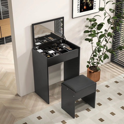 Modern Vanity Set, Makeup Table with Cushioned Stool, Flip Top Mirror, Black