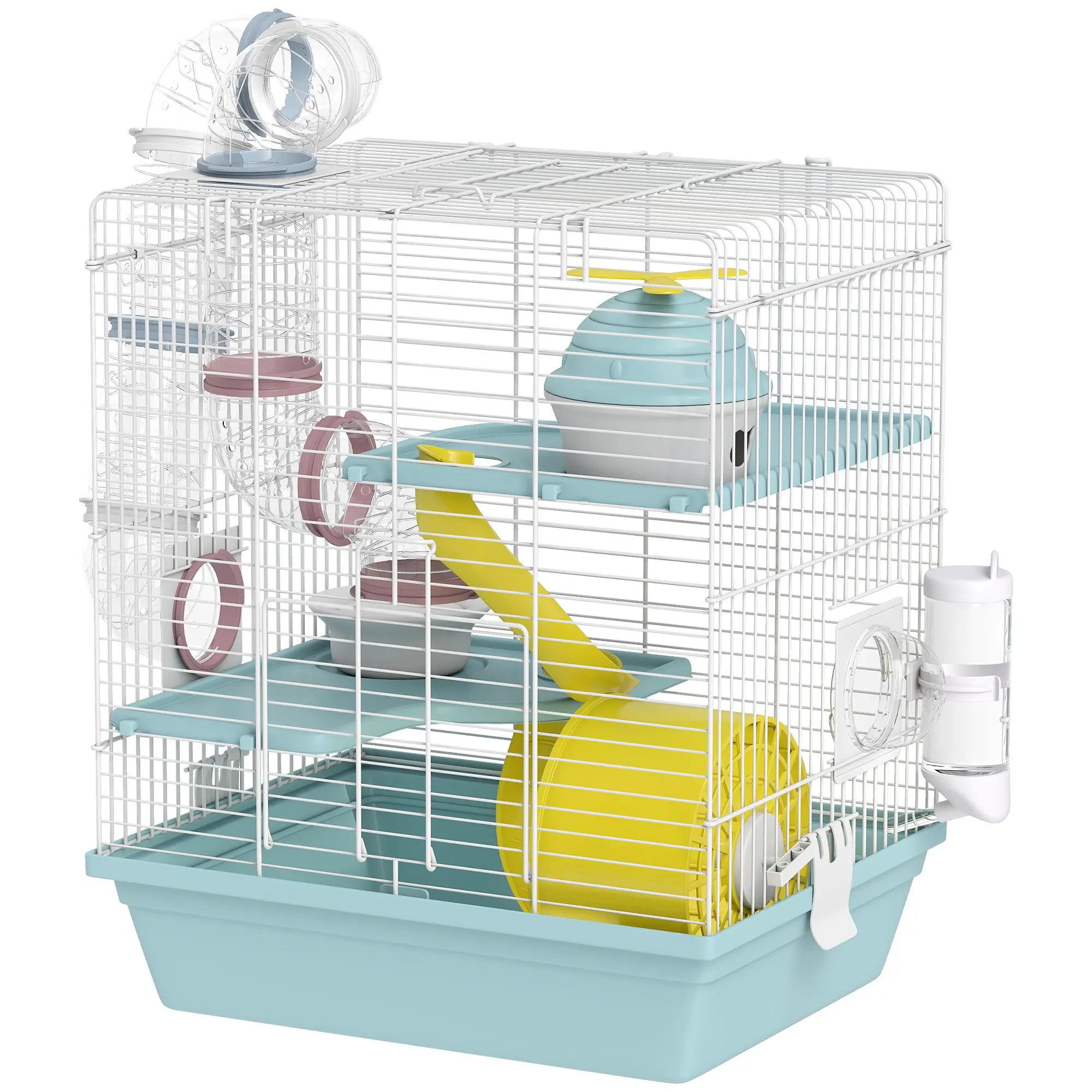 3-Level Hamster Cage With Exercise Wheel, Play Tube, Water Bottle, Blue