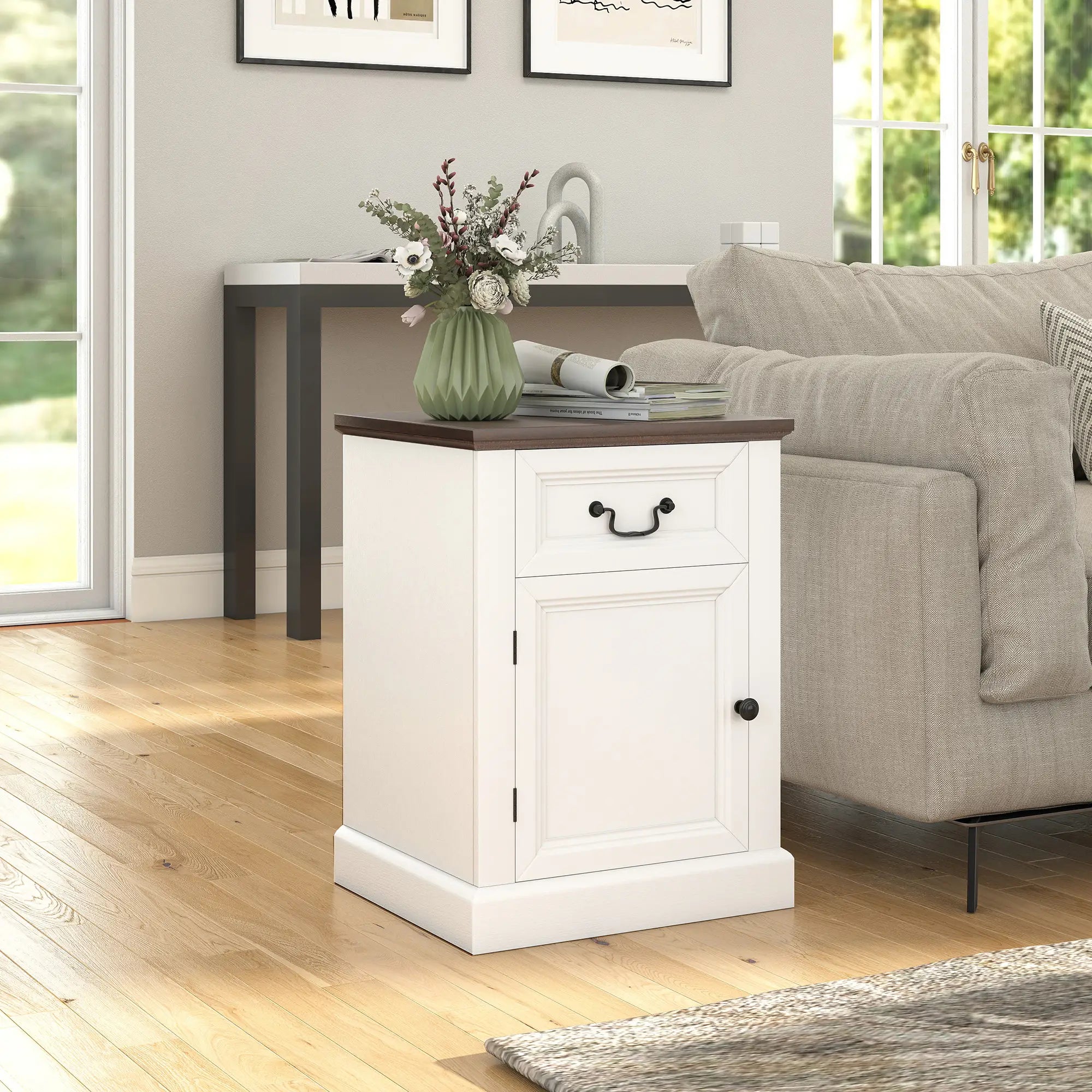 Side Table Set of 2, with Drawer and Cabinet, White Side Tables at Gallery Canada