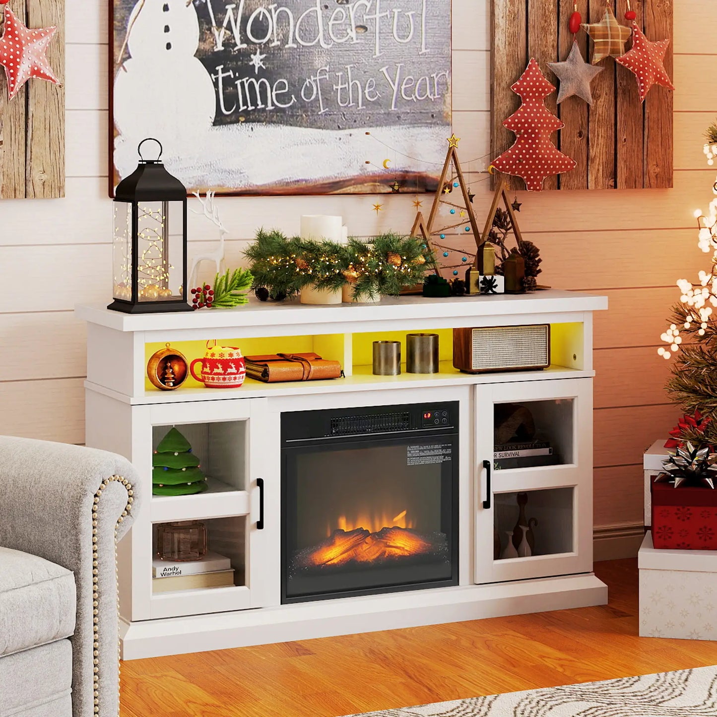 48 Inch Fireplace TV Stand, 3D Flame, Adjustable Shelves, White Electric Fireplaces at Gallery Canada