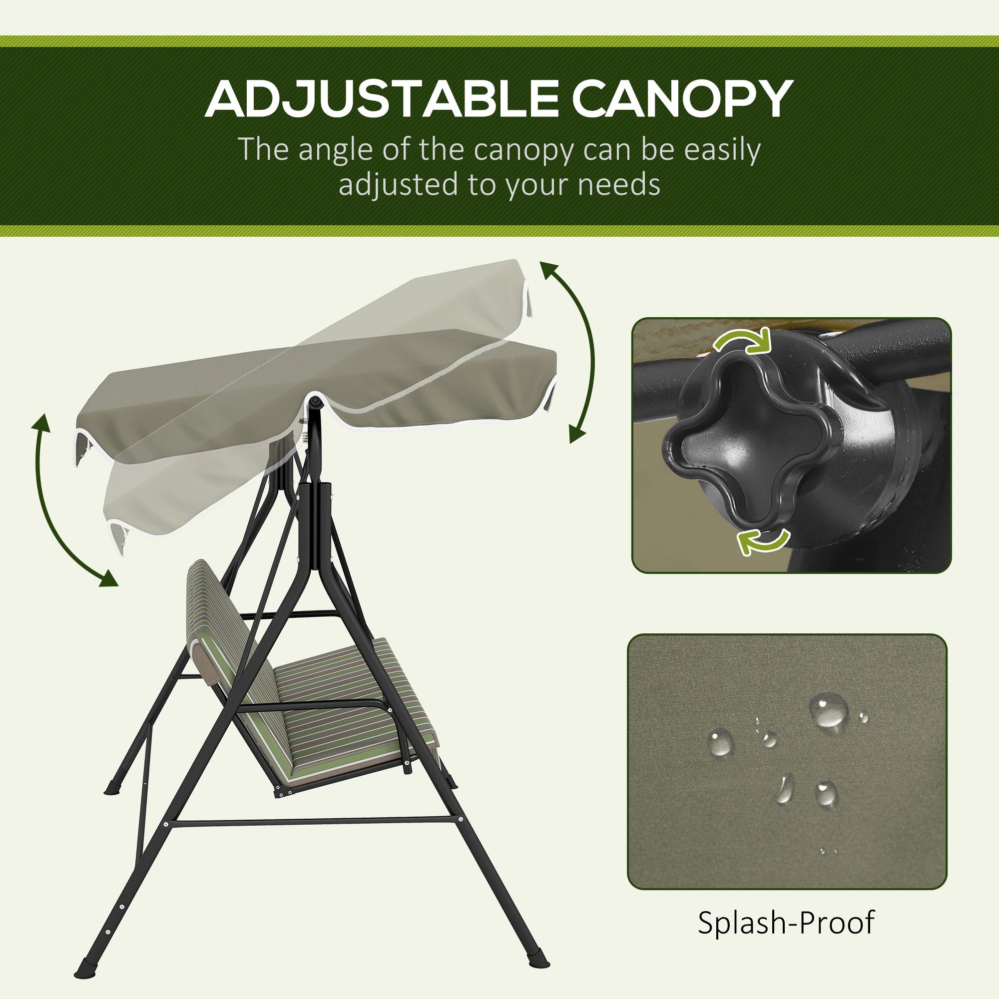 3-Seater Outdoor Porch Swing, Adjustable Canopy, Brown, Green Patio Swings with Stand at Gallery Canada