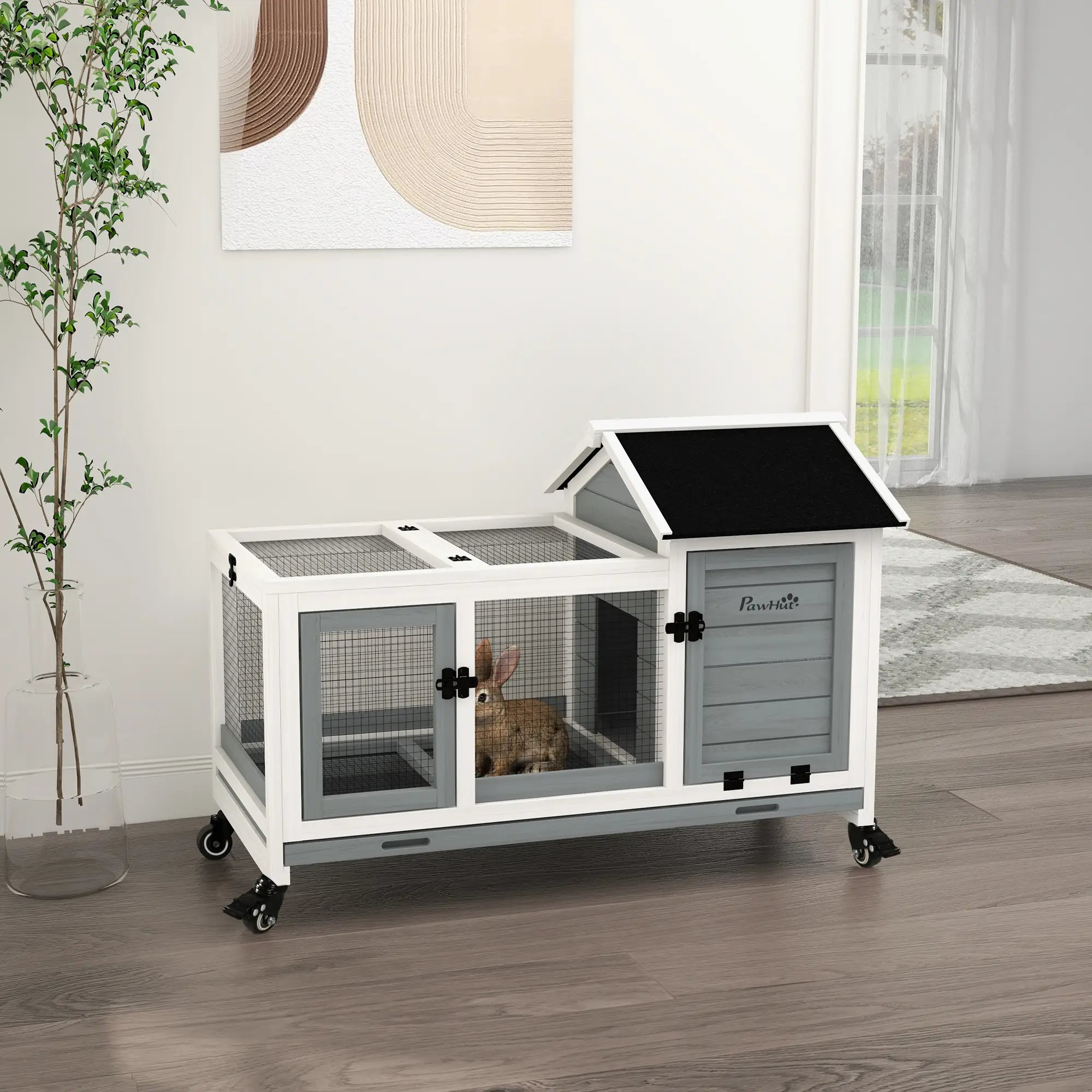 Rabbit Cage With Wheels, Ramp, Run, Tray, Indoor Outdoor, Grey Rabbit Hutch at Gallery Canada