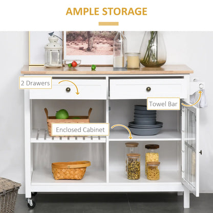 Kitchen Cart on Wheels, Utility Storage Island, Rubber Wood Top, White Kitchen Islands & Kitchen Carts at Gallery Canada