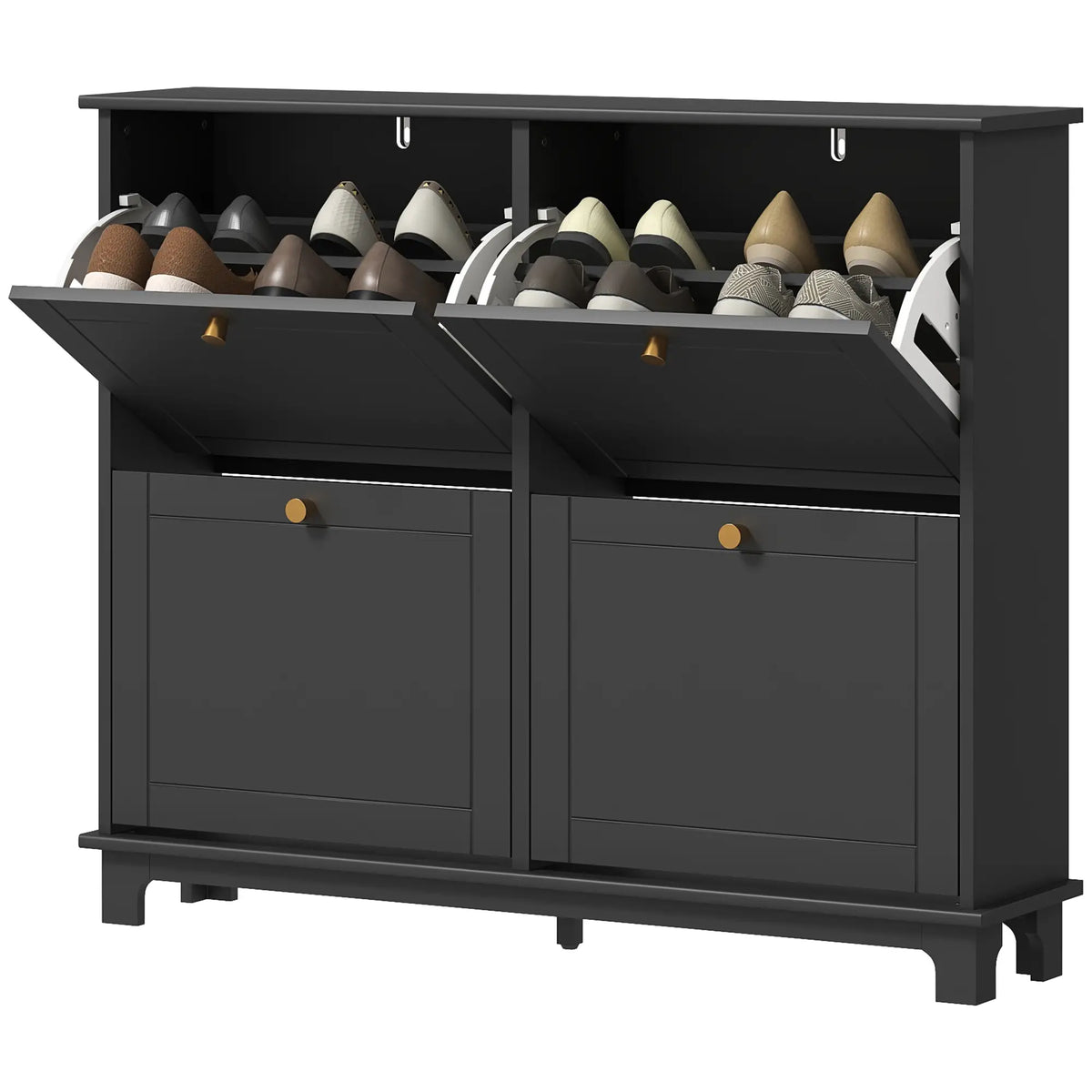 Modern Shoe Storage Cabinet, 4 Flip Drawers, Adjustable Shelves, 5 Legs, Black
