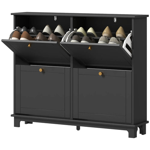 Modern Shoe Storage Cabinet, 4 Flip Drawers, Adjustable Shelves, 5 Legs, Black