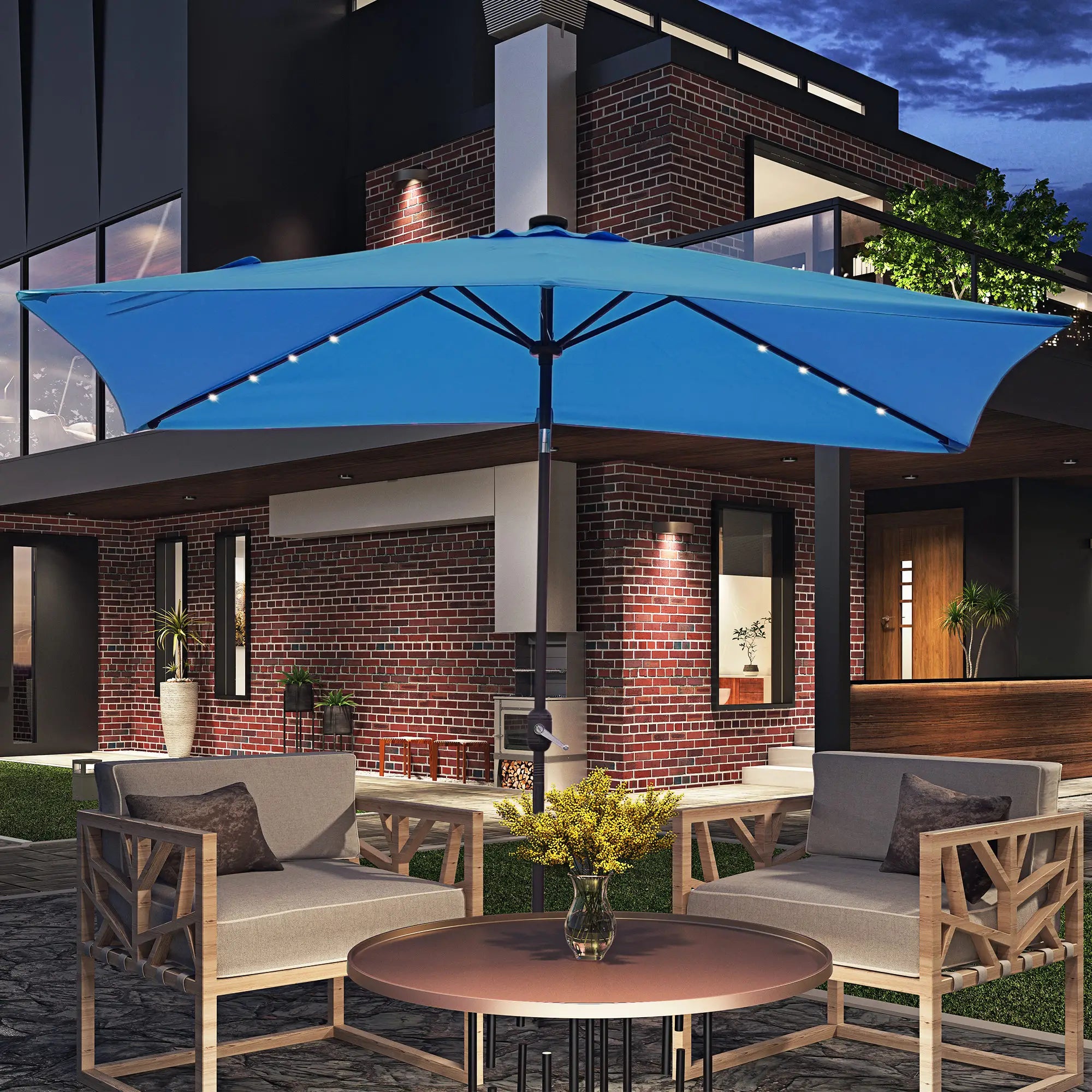 6' x 10' Rectangular Patio Umbrella, 22 LED Solar Lights, Tilt, Crank, Light Blue Sun Umbrellas at Gallery Canada