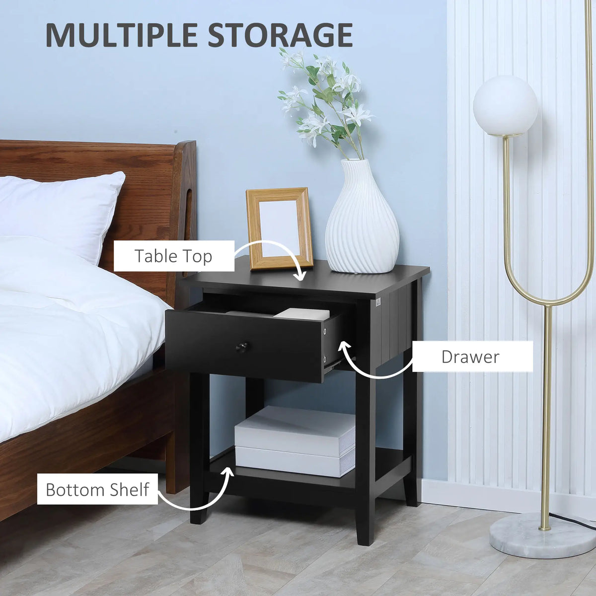 Modern Nightstand, Small End Table with Drawer, Storage Shelf, Black Side Tables at Gallery Canada