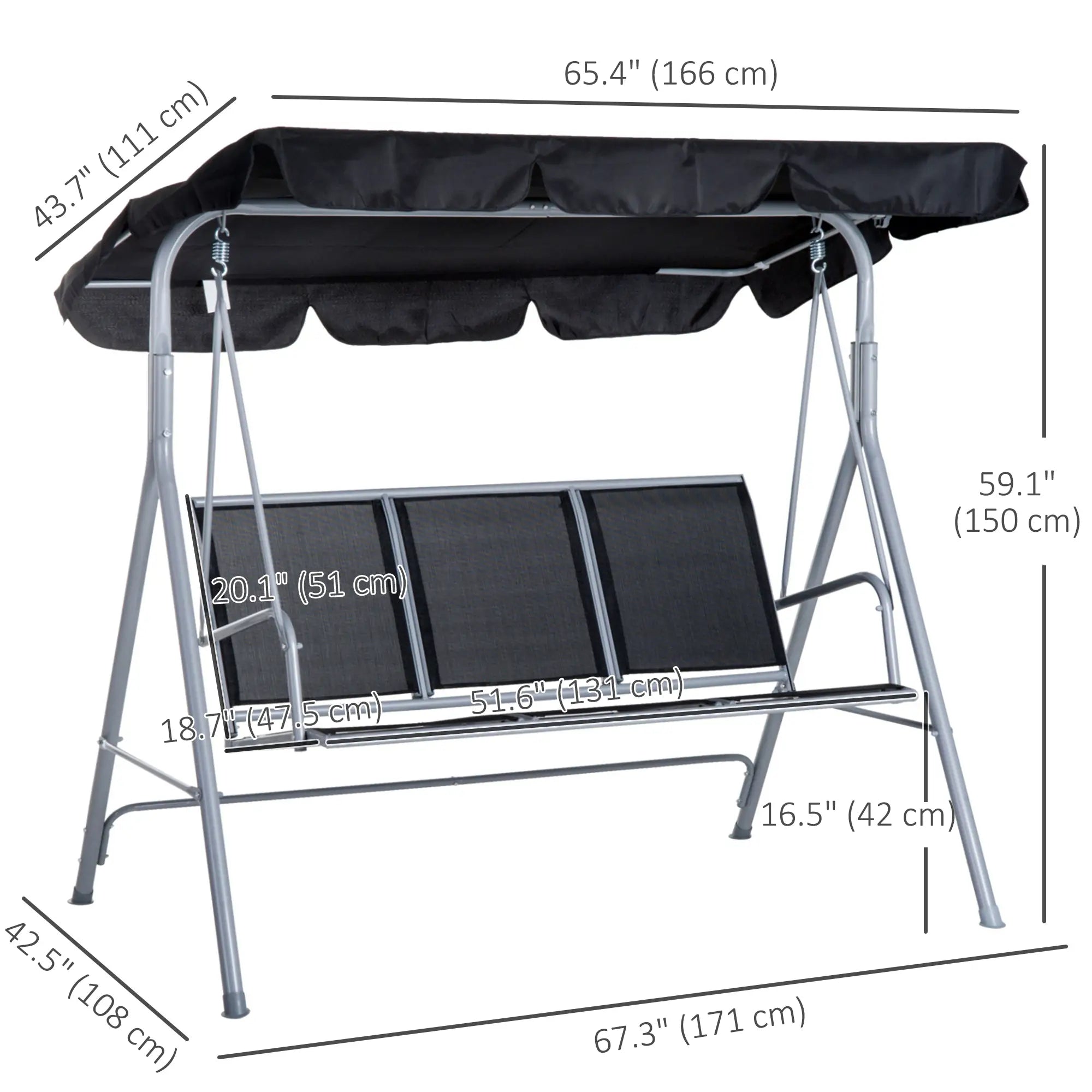 3-Seater Patio Swing, Outdoor Swing Chair, Black Patio Swings with Stand at Gallery Canada