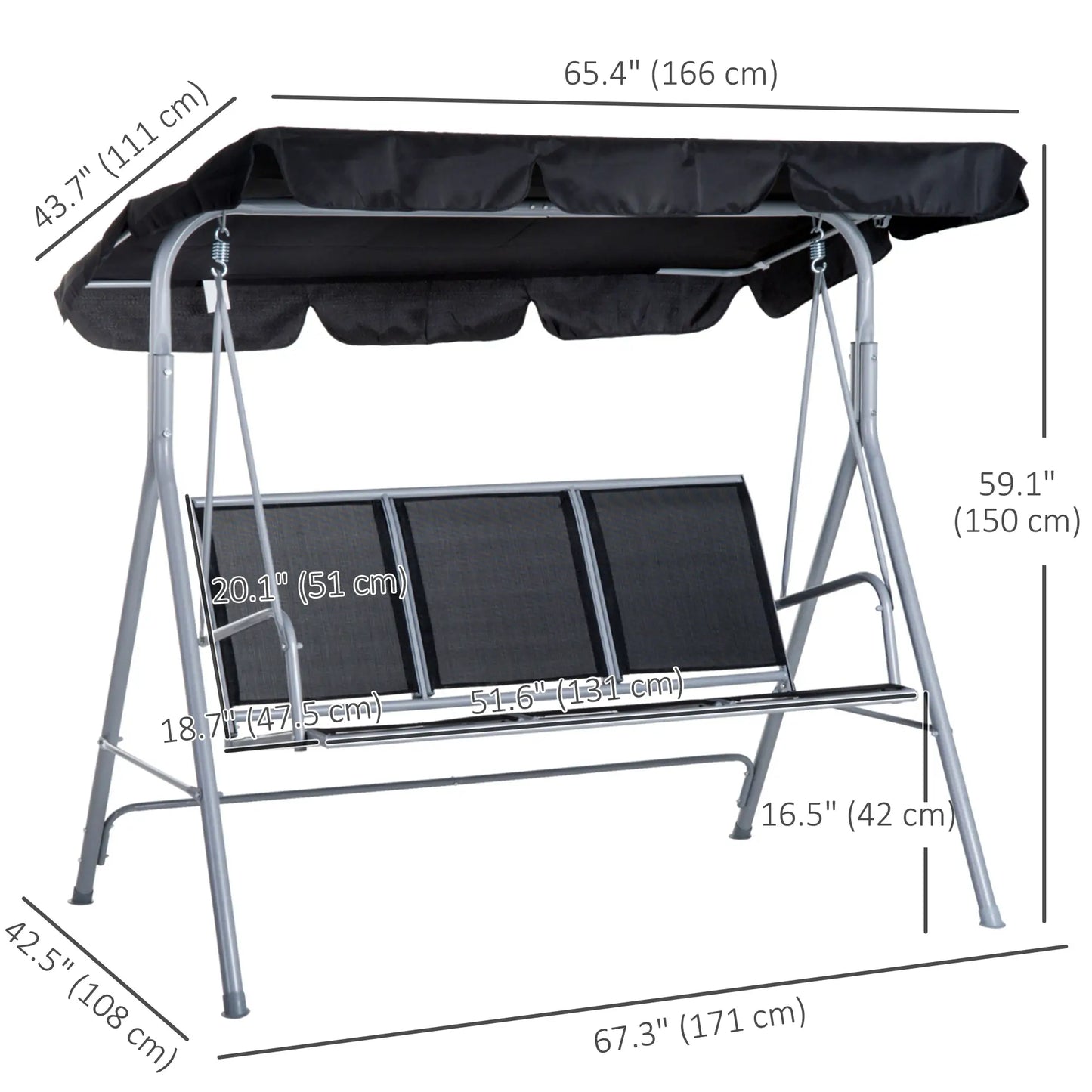 3-Seater Patio Swing, Outdoor Swing Chair, Black Patio Swings with Stand at Gallery Canada