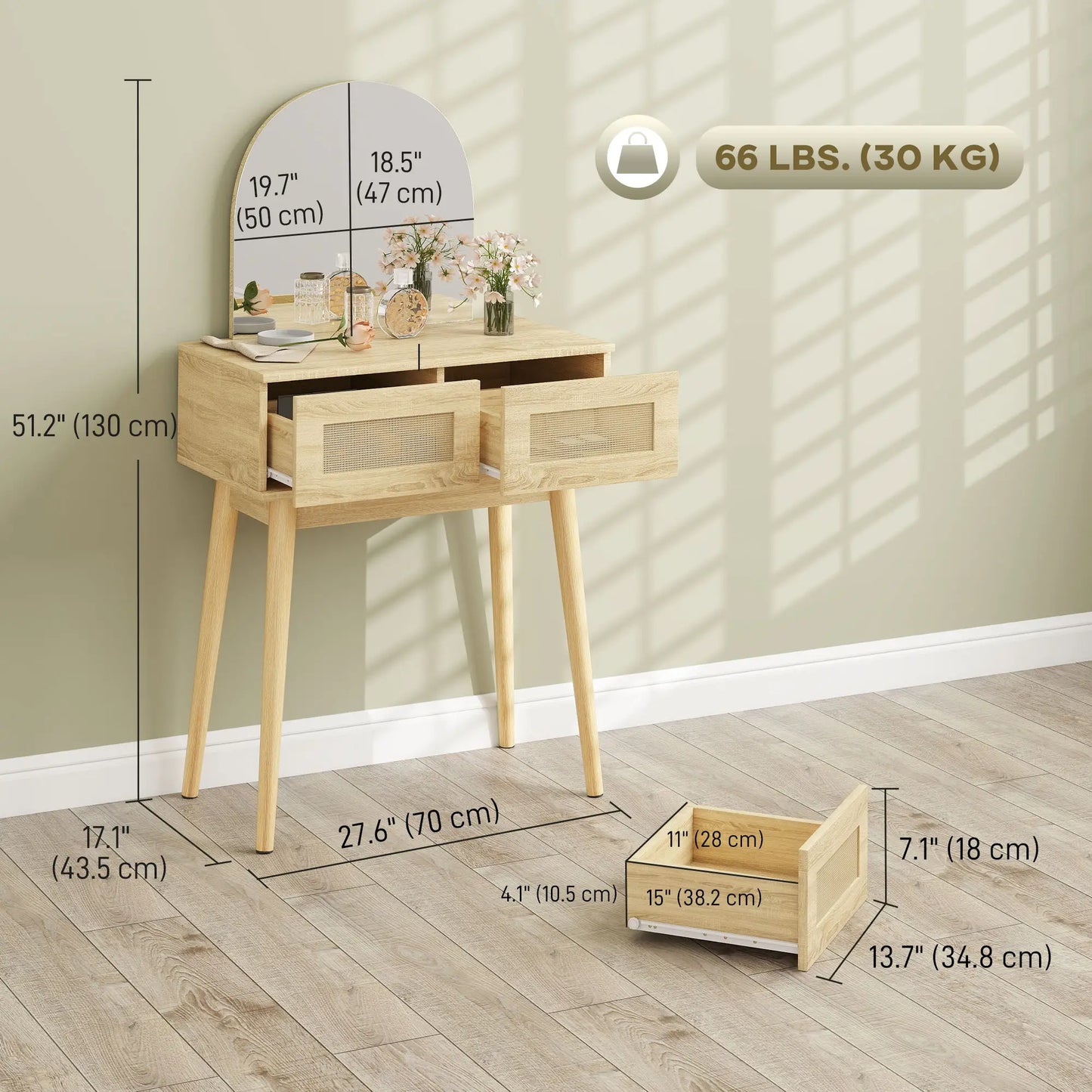Vanity Desk With Mirror, 2 Drawers, Natural Wood Dressing & Vanity Tables at Gallery Canada