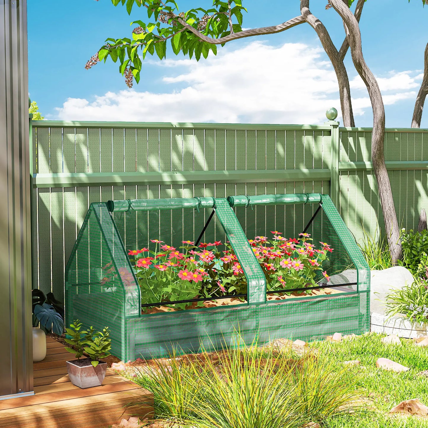 6' x 3' Bac à plantes en métal avec couvercle, Jardin surélevé, Vert et Gris foncé