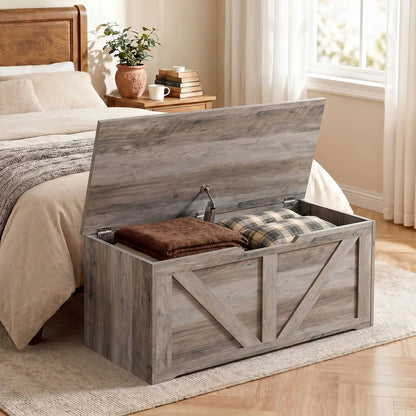 31.5" Storage Chest with Safety Hinge, Grey Wood Grain, Grey