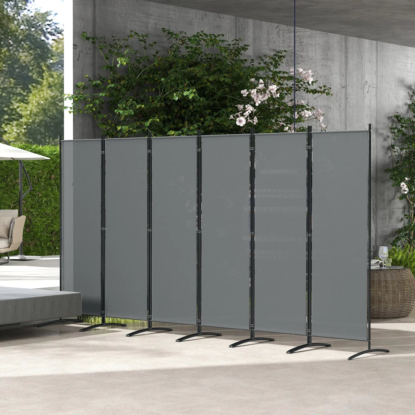 6 Panel Folding Outdoor Privacy Screen with Stable Base, 5.7FT Tall Room Divider with UV30+ Protection, Dark Grey Side Awnings at Gallery Canada