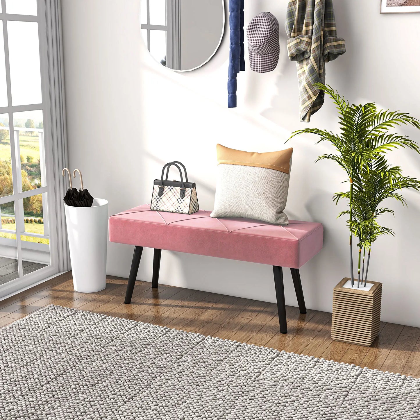 39 Inches Upholstered Bedroom Bench, Modern, Steel Legs, Pink Storage Ottomans & Benches at Gallery Canada