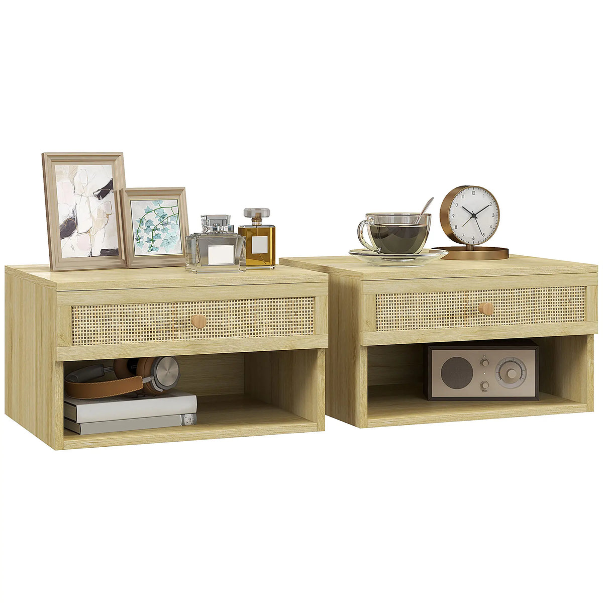 Floating Nightstand Set of 2, Wall Mounted Bedside Table with Drawer, Natural Wood Bedside Tables at Gallery Canada