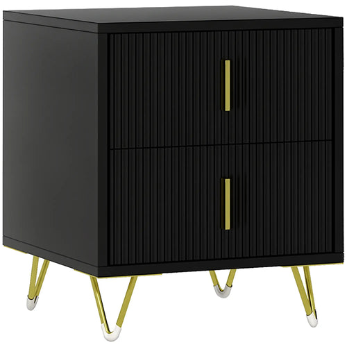 Modern Nightstand, 2 Drawers, Metal Legs, Bedroom Living Room, Black