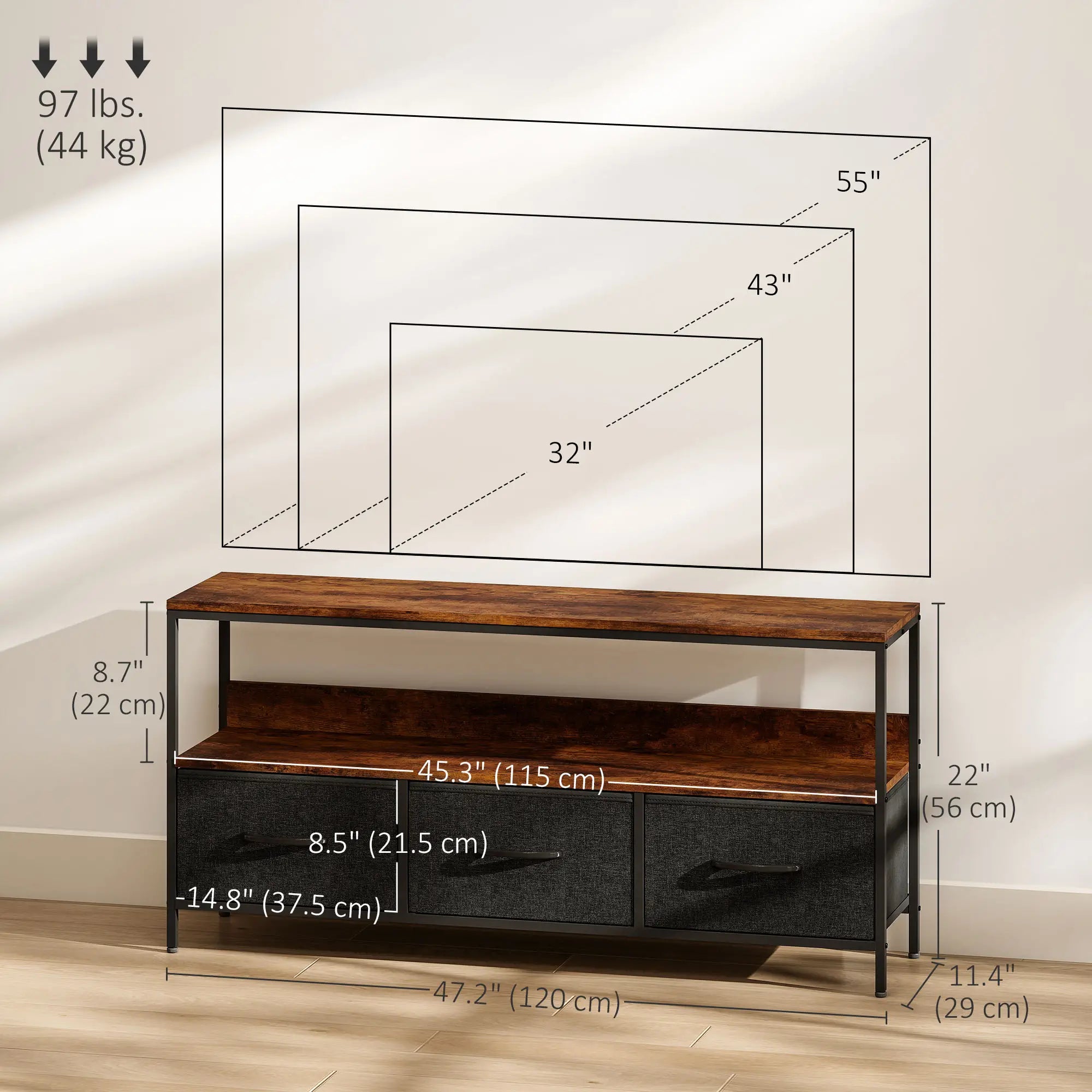 TV Stand with Charging Station, 3 Foldable Drawers, 55 Inch, Rustic Brown TV Stands at Gallery Canada
