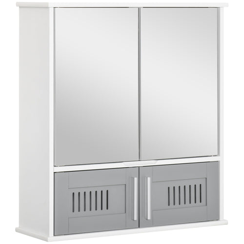 Bathroom Mirror Cabinet, Wall Mounted Storage Cupboard with Double Doors and Adjustable Shelf, Grey