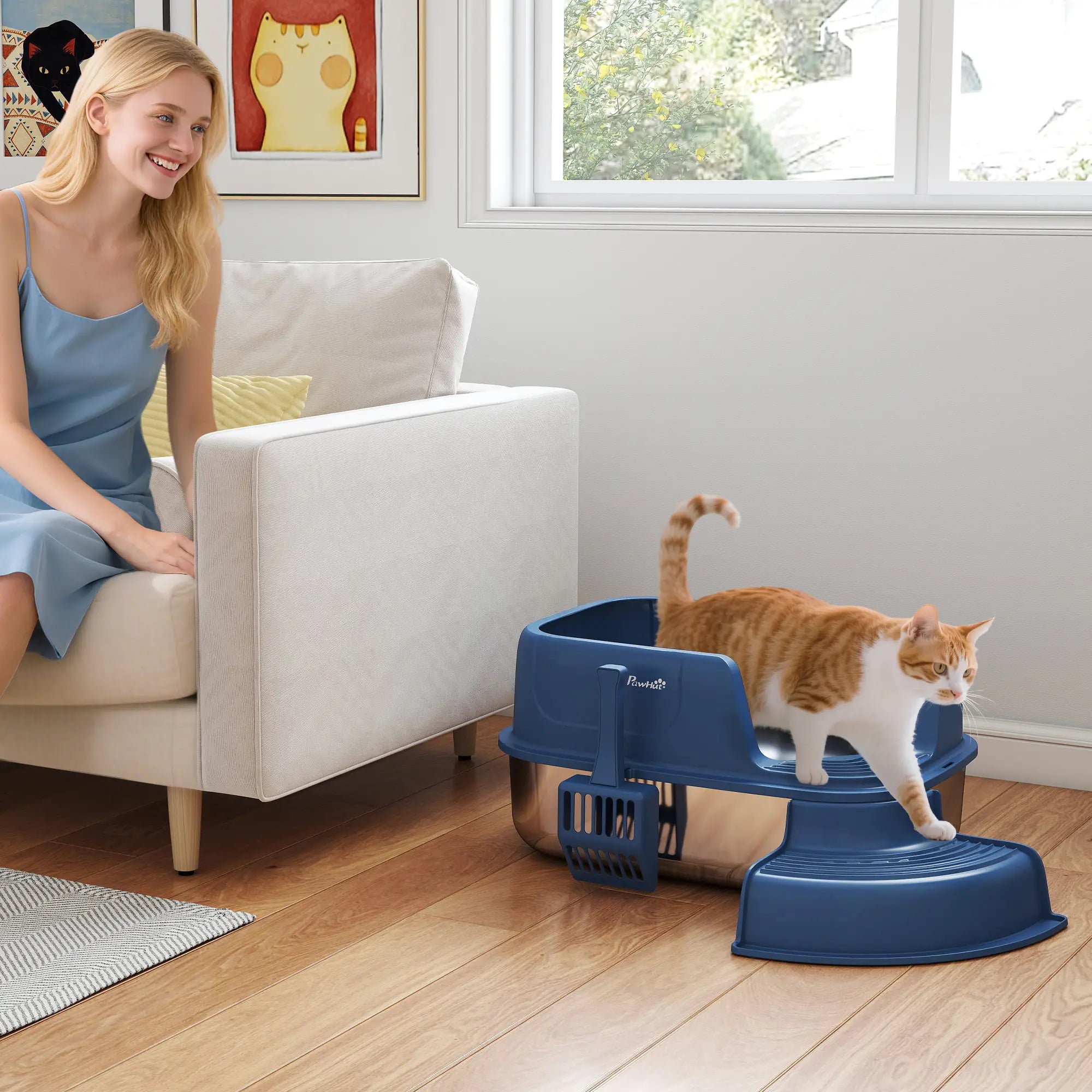 Stainless Steel Cat Litter Box, High Side with Scoop, Anti-Leakage, Navy Blue Cat Litter Box Enclosures at Gallery Canada