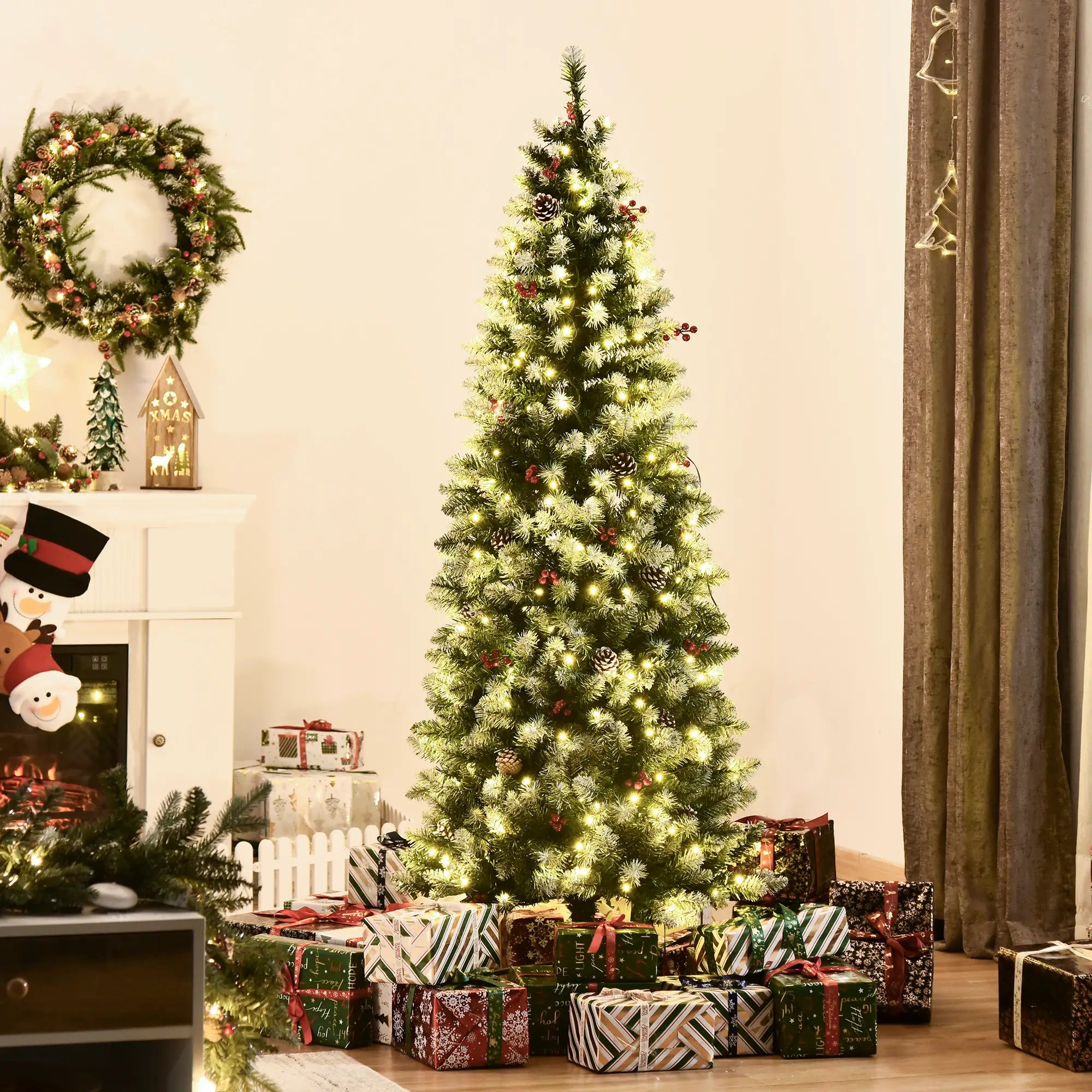6 ft Pre-Lit Christmas Tree, LED Lights, Pine Cones, Red Berries Pencil Christmas Trees at Gallery Canada