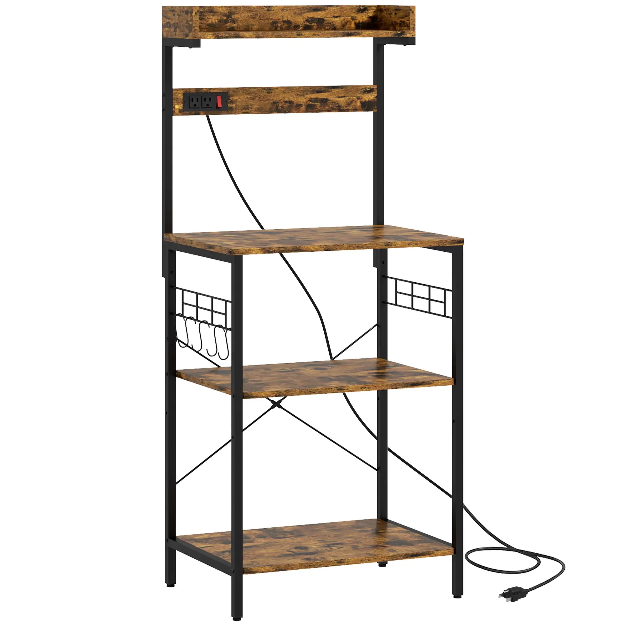 Kitchen Baker's Rack with Power Outlet, Adjustable Shelves, Rustic Brown, Brown Bar Cabinets Rustic Brown, Black at Gallery Canada