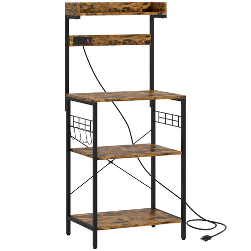 Kitchen Baker's Rack with Power Outlet, Adjustable Shelves, Rustic Brown, Brown
