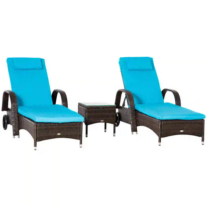3-Piece Wicker Patio Lounger Set with Table, PE Rattan, Brown/Blue Chaise Loungers at Gallery Canada