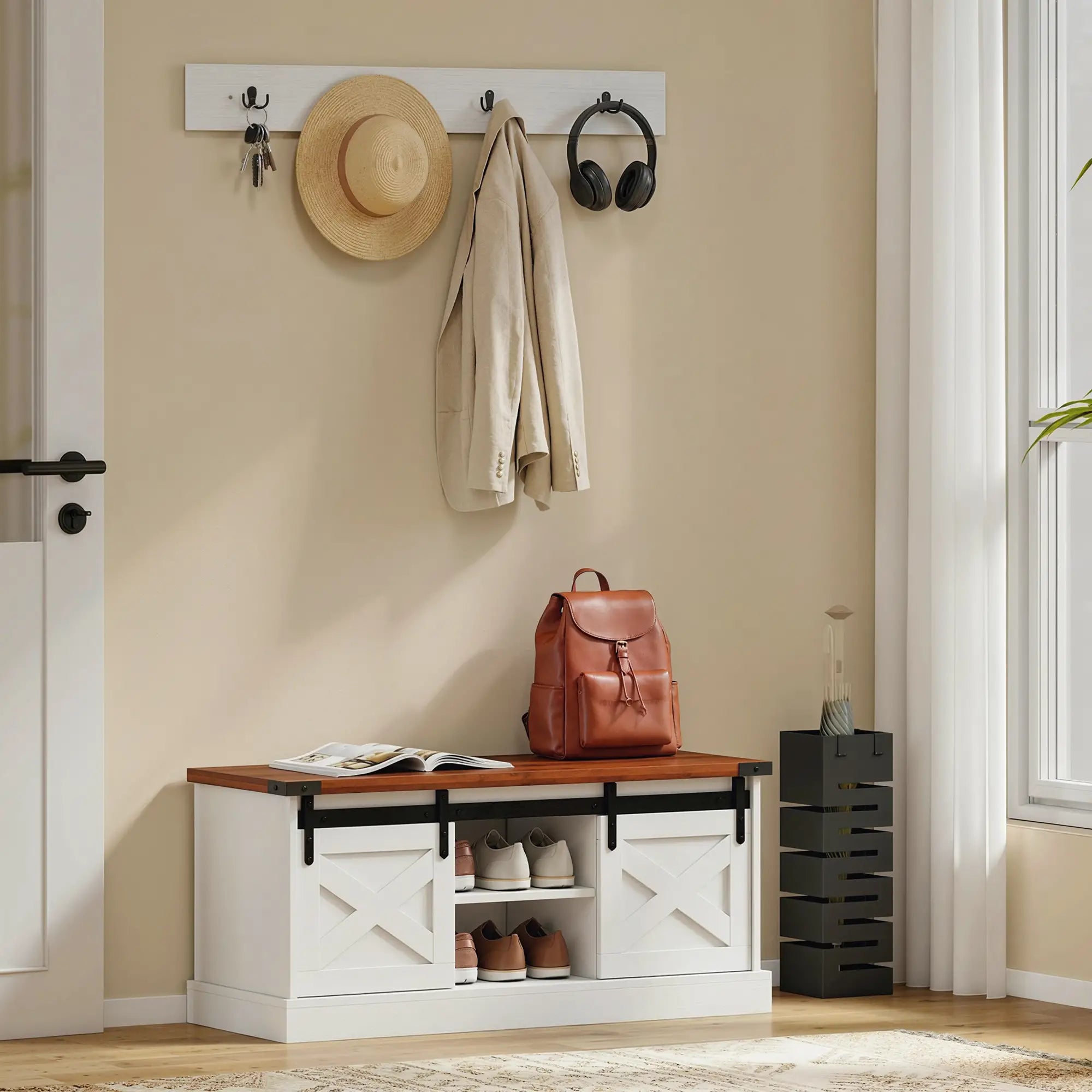 Coat Rack Shoe Bench Set, 2-Piece Hall Tree, White/Dk Walnut Shoe Storage Cabinets & Racks at Gallery Canada