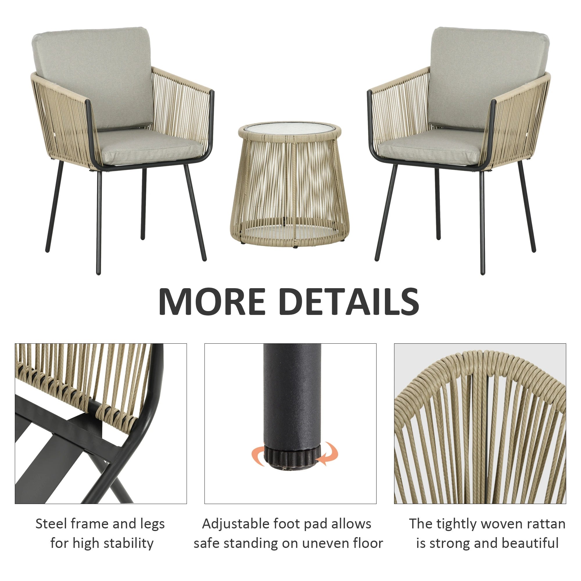 3 Piece Outdoor Patio Bistro Set, Wicker Rattan Furniture with Metal Legs for Garden, Backyard, Coffee and Light Grey Bistro Sets at Gallery Canada